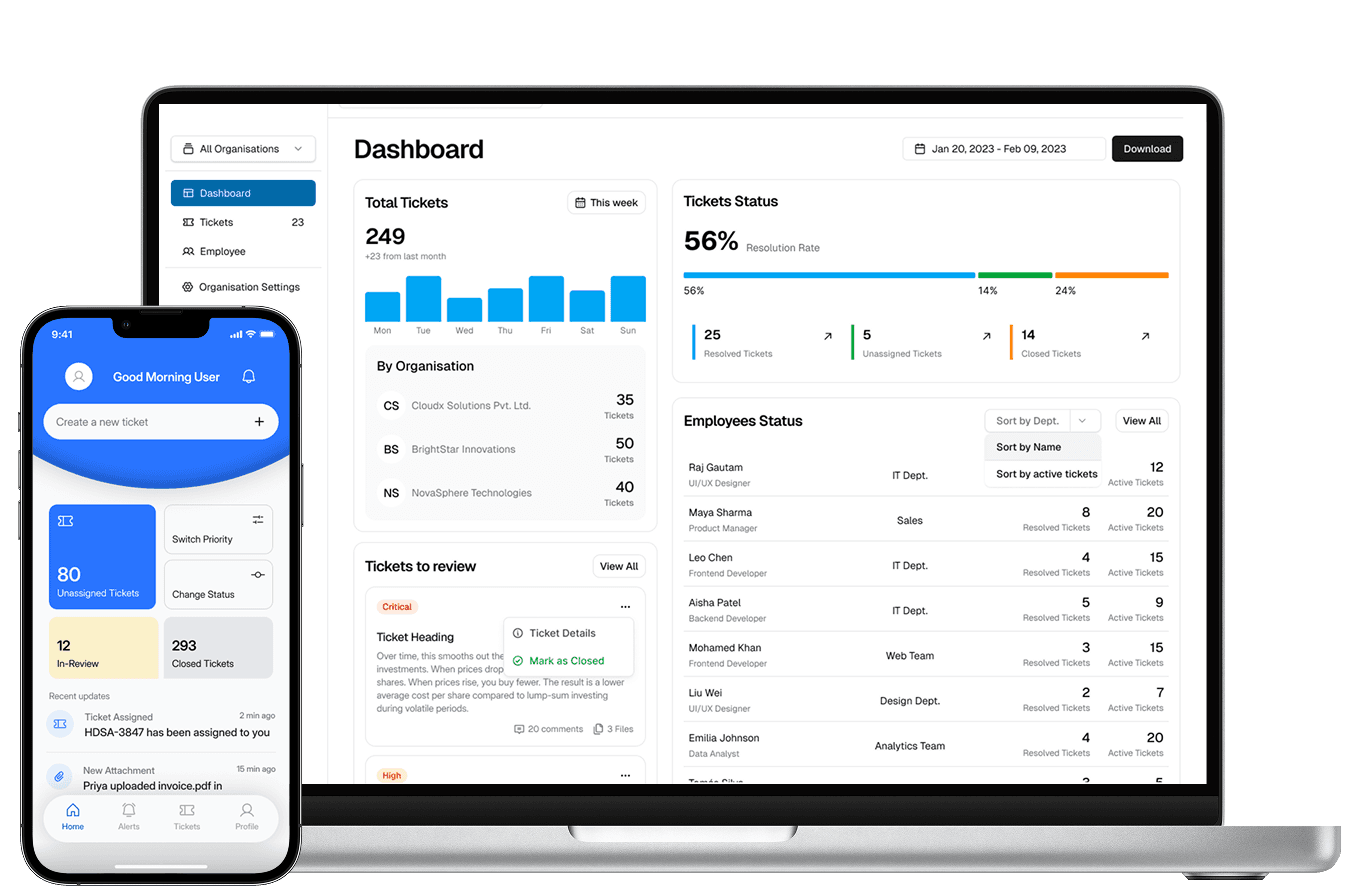 CloudX ticketing dashboard shown on desktop and mobile
